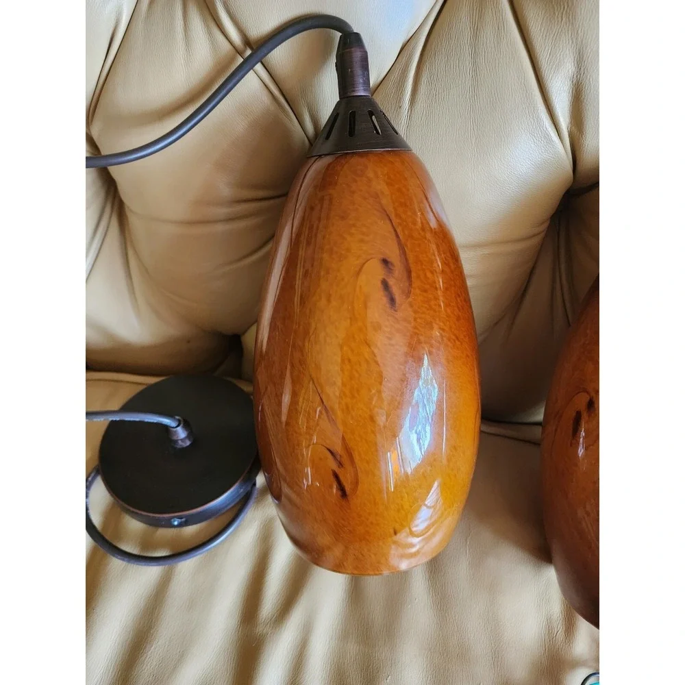 Set of 2 Amber Heavy Blown Glass Hanging Light‎ Retro Mod Lamp 12
